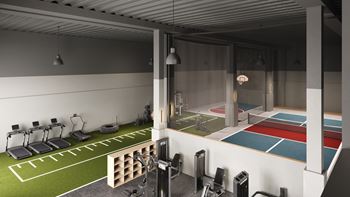 A gym with a variety of equipment including treadmills, weights, and a boxing ring.